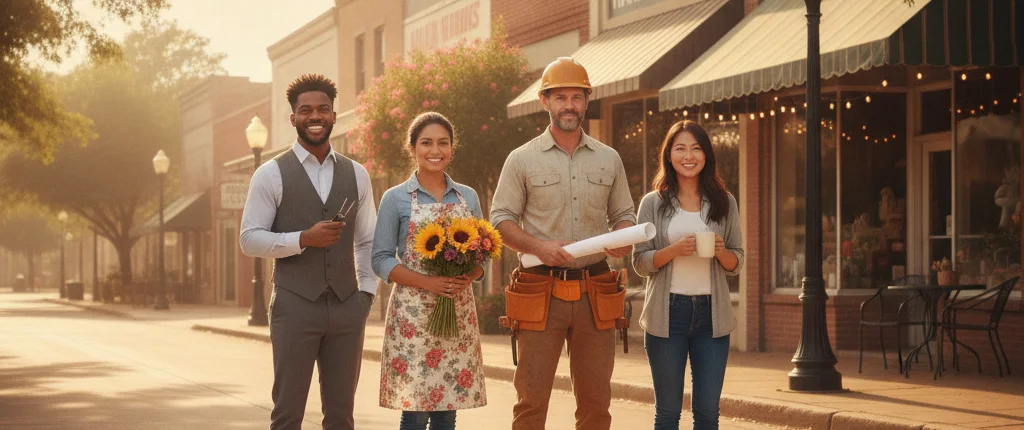 Texas small business owners — a barber, florist, contractor and cafe owner — in front of their storefronts